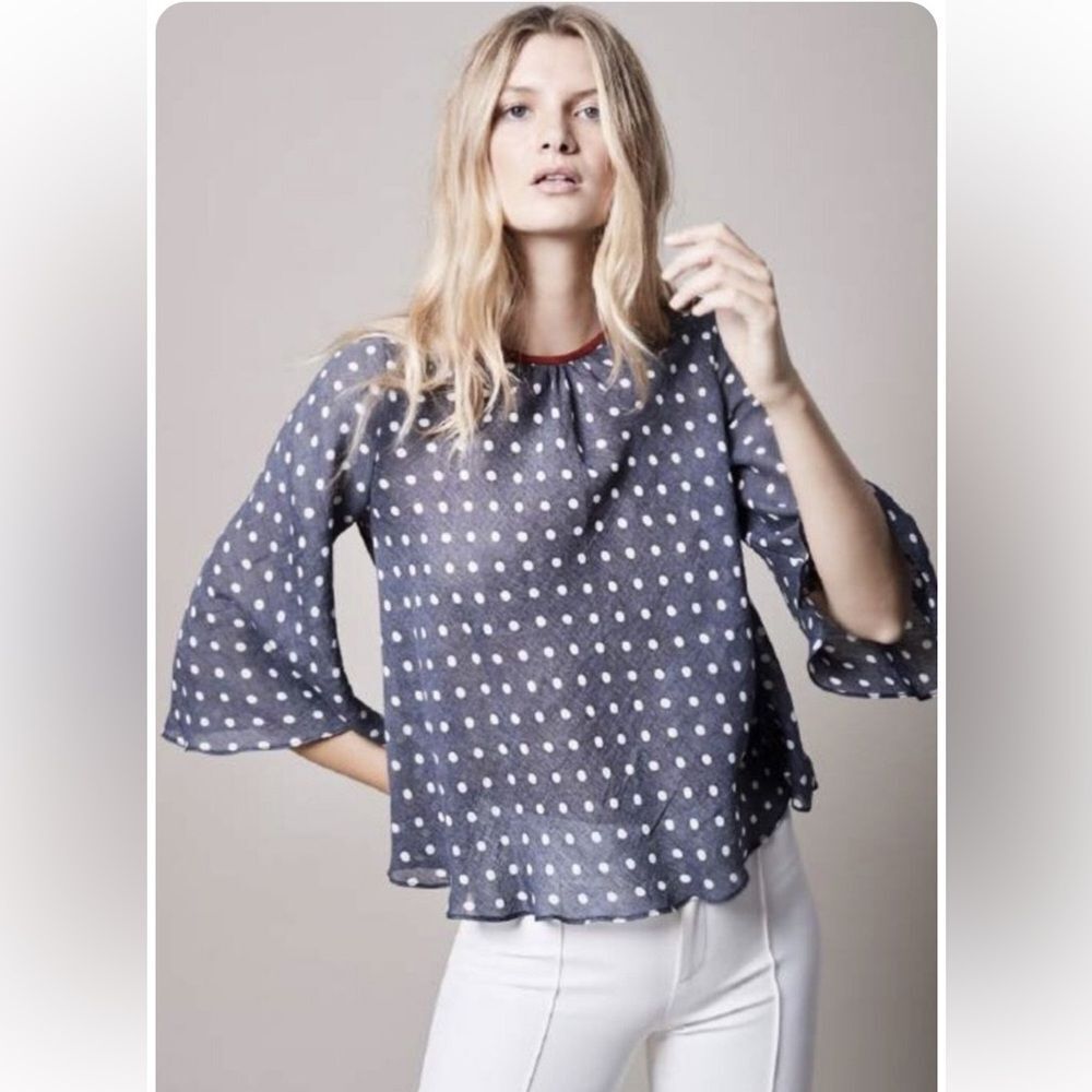 Smythe Bardot Gray Polka Dot Blouse with Red Trim